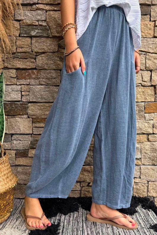 Lina Linen Blend Barrel Pant Washed Navy